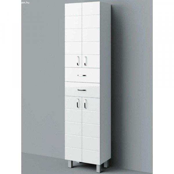 MART 60 cm széles polcos álló fürdőszobai magas szekrény, fényes fehér,
króm kiegészítőkkel, 4 soft close ajtóval és 2 fiókkal