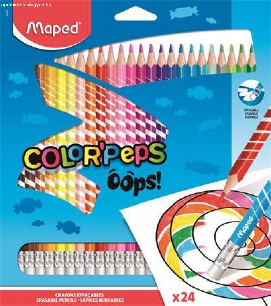 Színes ceruza készlet, háromszögletű, radírozható, MAPED
"Color'Peps Oops", 24 különböző szín