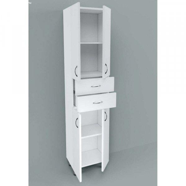 STANDARD 45 cm széles polcos álló fürdőszobai magas szekrény, fényes
fehér, króm kiegészítőkkel, 4 ajtóval és 2 fiókkal
