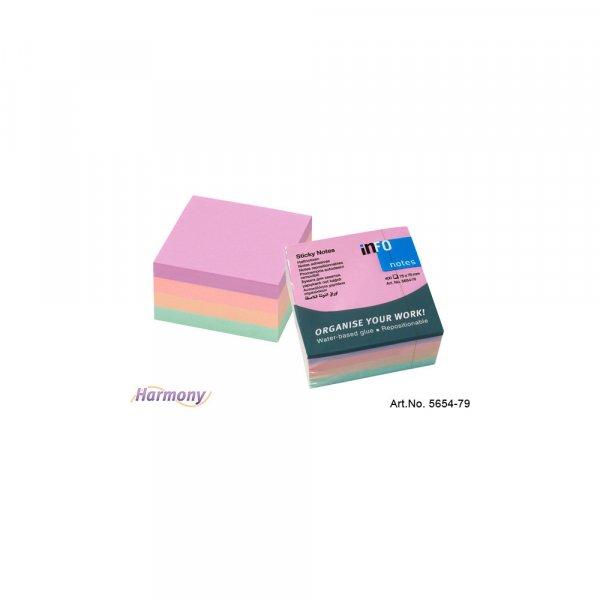 Jegyzettömb öntapadó, 75x75mm, 4x100lap, Info Notes, harmony mix, lila,
világos rózsaszín, világoszöld, barack