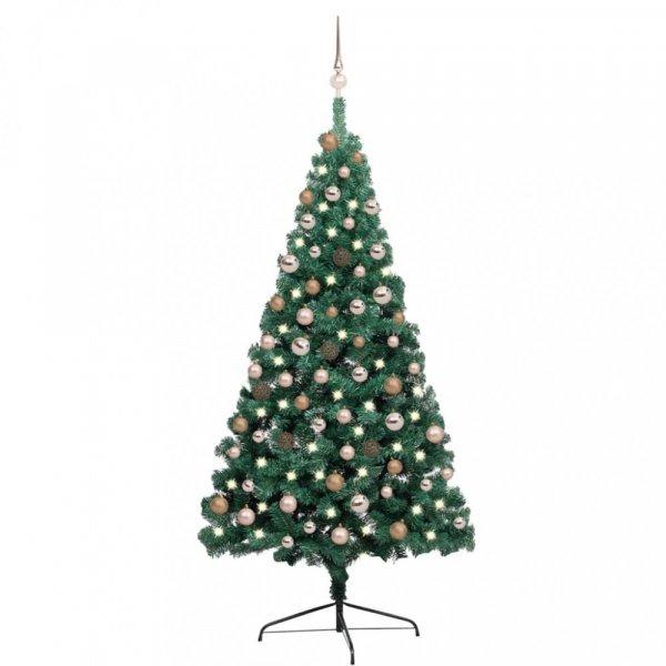 Zöld megvilágított fél műkarácsonyfa gömb szettel 180 cm