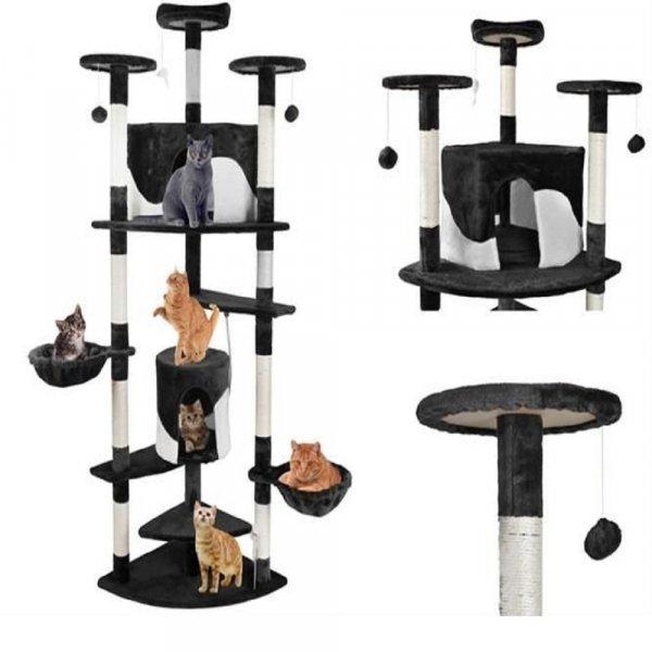 Macska mászóka kaparófával, fekvőhelyekkel, kuckóval és játék
labdákkal - 200 x 130 x 58 cm, fekete-fehér (BB-2783)