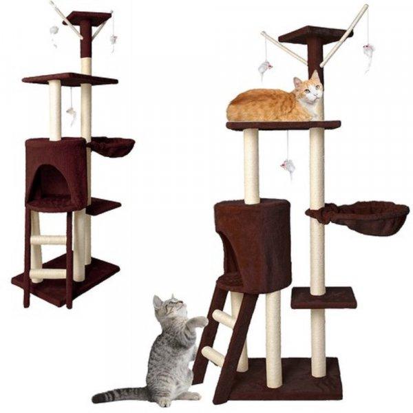 Macska mászóka kaparófával, fekvőhellyel, kuckóval és játék egerekkel -
138 x 55 cm, barna (BB-7929)