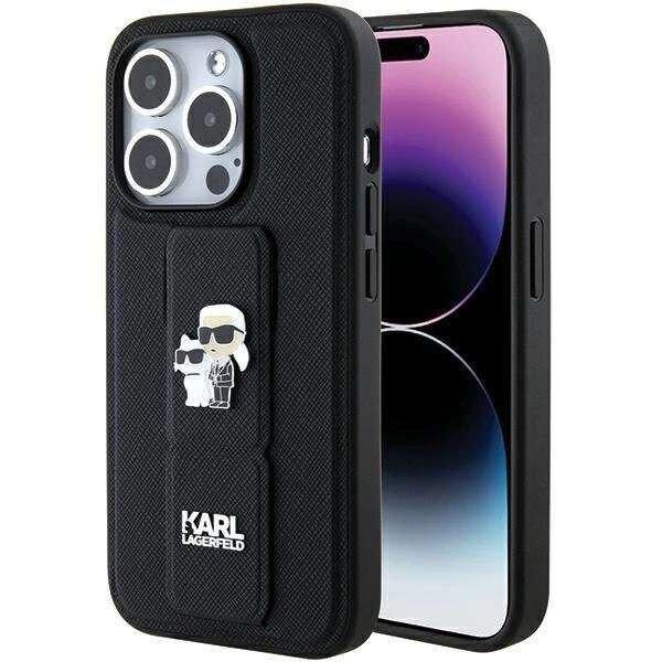 Karl Lagerfeld Gripstand Saffiano Karl&Choupette Pins tok iPhone 15 Pro - fekete