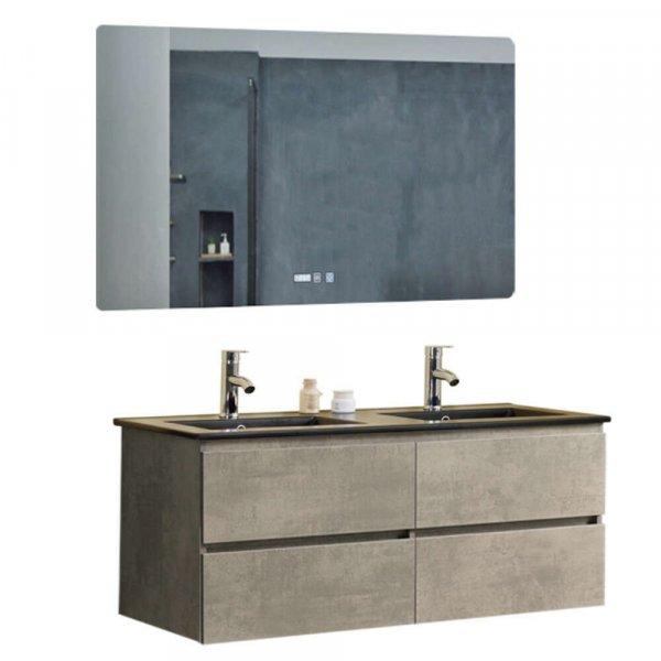 Hongkong Duo Loft Beton 120 komplett fürdőszoba bútor fali
mosdószekrénnyel, dupla fekete slim mosdóval és tükörrel