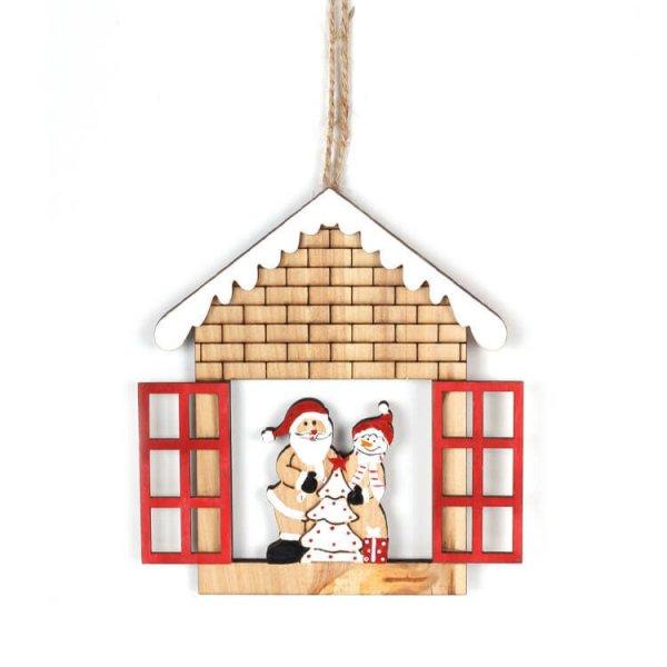 Karácsonyi dekoráció (házikóban hóember, piros ablakkal)