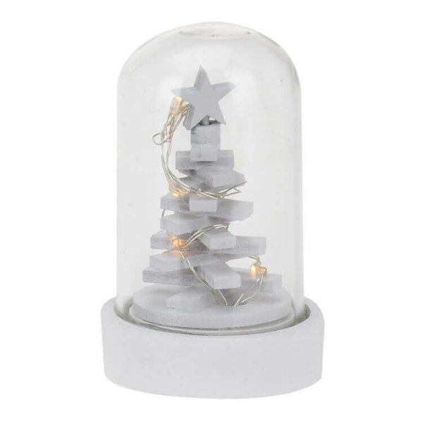 Dekoráció üvegbúrában, fehér (karácsonyfa, LED fűzérrel)