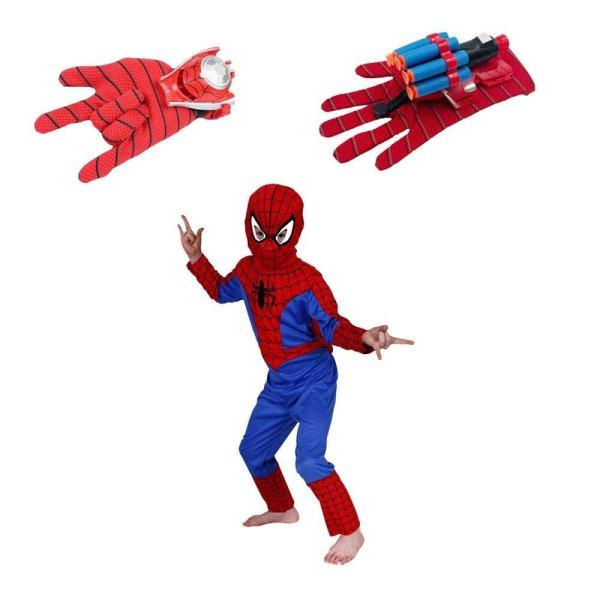 Klasszikus Pókember jelmez készlet és két kilövő korongokkal és
tapadókorongokkal 7-9 éves gyerekeknek 120 - 130 cm-eseknek
