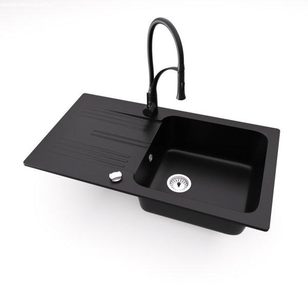 Gránit mosogató NERO Malta + kihúzható zuhanyfejes Duo-Flex csaptelep +
dugóemelő (matt fekete)