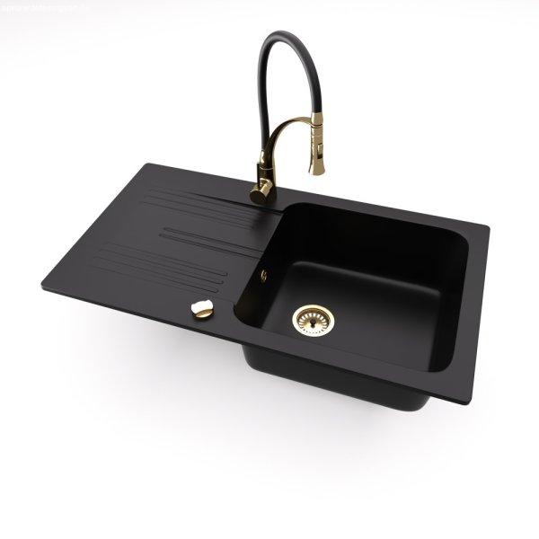 Gránit mosogató NERO Malta + kihúzható zuhanyfejes Duo-Flex Gold csaptelep +
dugóemelő (matt fekete)
