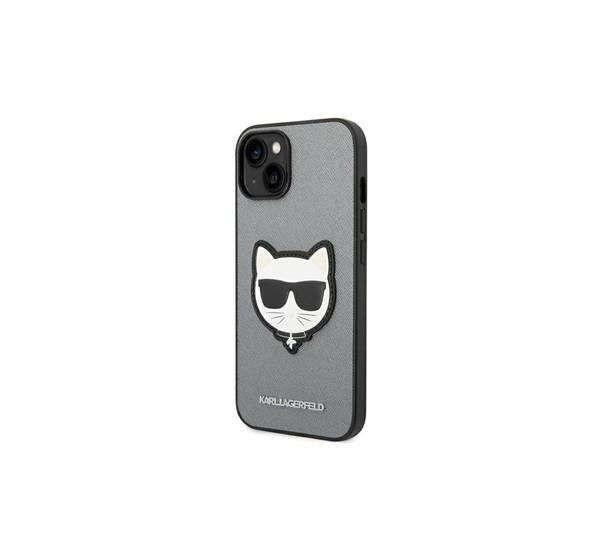 Karl Lagerfeld Saffiano Choupette Head Patch iPhone 14 Pro hátlap tok, ezüst