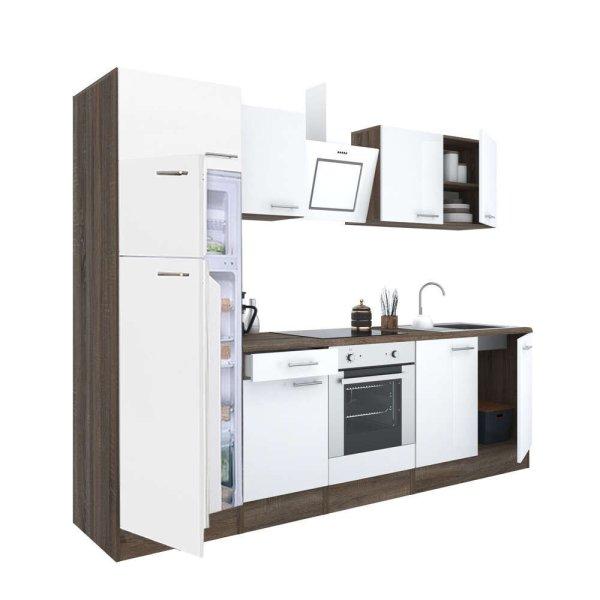 Yorki 270 konyhablokk yorki tölgy korpusz,selyemfényű fehér front alsó
sütős elemmel felülfagyasztós hűtős szekrénnyel