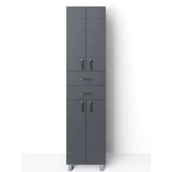 MART 60 cm széles polcos álló fürdőszobai magas szekrény, sötét szürke,
króm kiegészítőkkel, 4 soft close ajtóval és 2 fiókkal