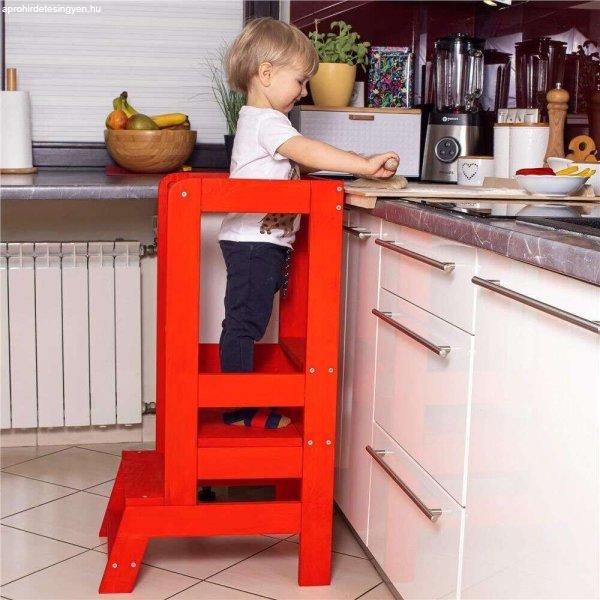 Többfunkciós emelő/konyhai segédeszköz gyerekeknek, állítható, fa,
piros, 39x52x90 cm, Springos