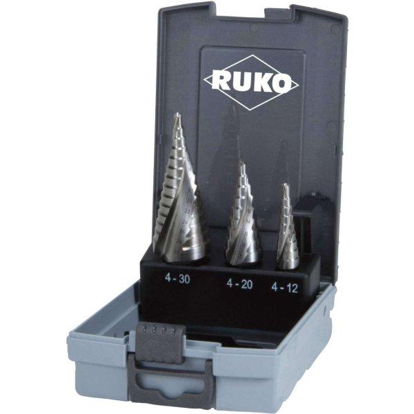 RUKO 101026RO HSS fokozatfúró készlet, 3 részes, 4 - 12 mm, 4 - 20 mm, 4 -
30 mm, 3 oldalú szár (101026RO)