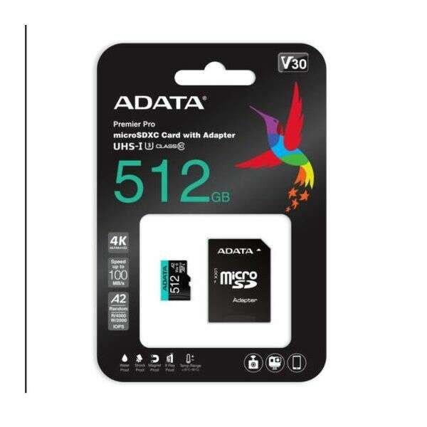 A-Data 512GB microSDXC Premier Pro Class 10 UHS-I U3 A2 V30 + adapterrel
AUSDX512GUI3V30SA2-RA1