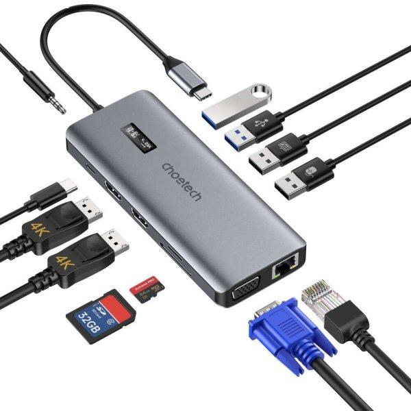 Choetech HUB-M26 HUB adapter, USB-C / AUX + USB-C + 2x HDMI + SD+TF + VGA + RJ45
+ 4x USB, Szürke