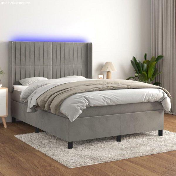 Világosszürke bársony rugós és LED-es ágy matraccal 140x200 cm