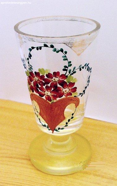 Biedermeier kézzel festett vastagfalú talpas pohár, korab