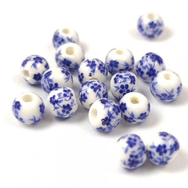 Porcelán gyöngy - golyó - Blue Flower - 6mm