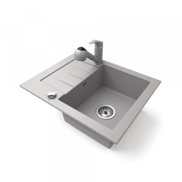 Gránit mosogatótálca NERO Monza + kihúzható zuhanyfejes Shower csaptelep +
dugókiemelő (szürke)