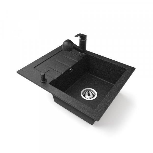 Gránit mosogatótálca NERO Monza + kihúzható zuhanyfejes Shower csaptelep +
adagoló (fekete)