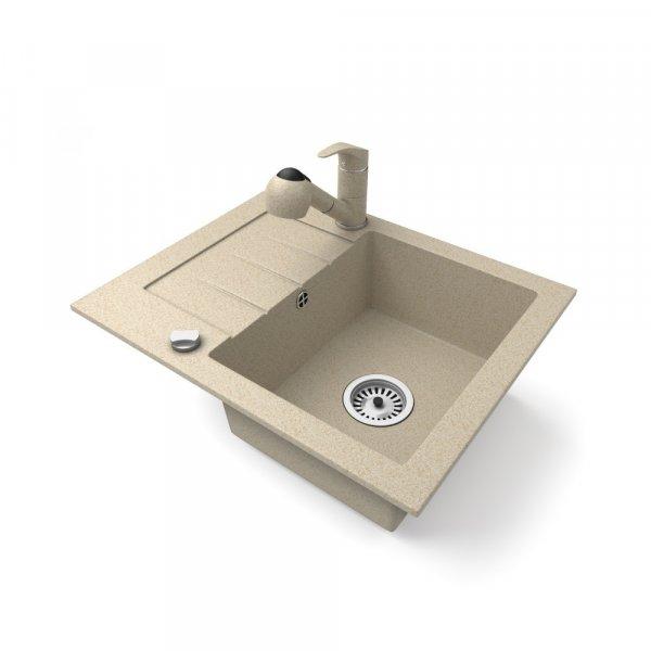 Gránit mosogatótálca NERO Monza + kihúzható zuhanyfejes Shower csaptelep +
dugókiemelő (bézs)