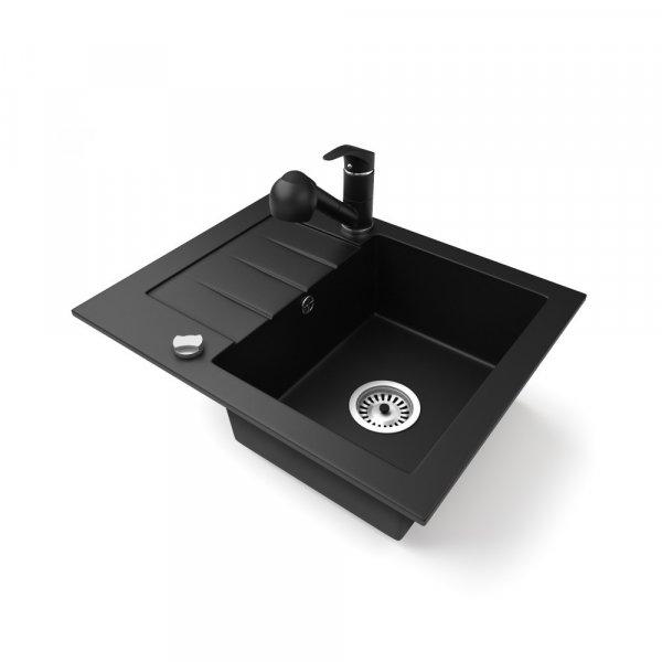 Gránit mosogatótálca NERO Monza + kihúzható zuhanyfejes Shower csaptelep +
dugókiemelő (matt fekete)