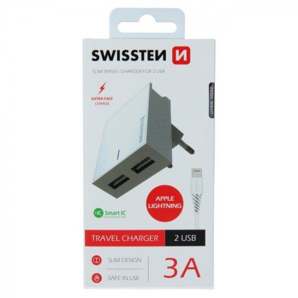Gyorstöltés Swissten Smart IC 3.A s 2 USB konektorral + Adatkábel USB /
Lightning 1,2 m, fehér