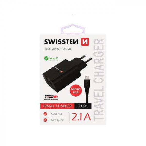 Töltő Swissten Smart IC 2.1A 2 USB konektor, adatkábel, USB/Micro USB, 1,2m,
fekete