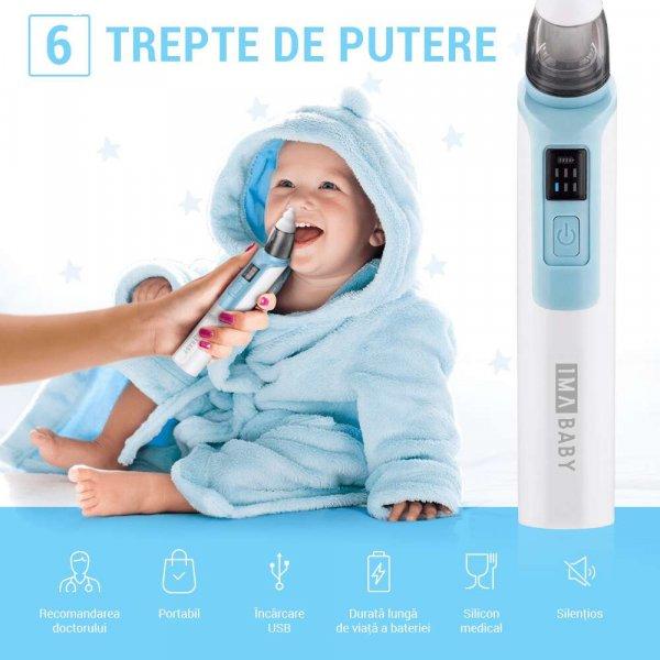 IMA Baby elektromos orrszívó csecsemőknek és gyerekeknek csendes, 6
szívófokozat, hordozható, USB töltés, 500mAh újratölthető
akkumulátorral, 2 szilikon fejjel, kék színű