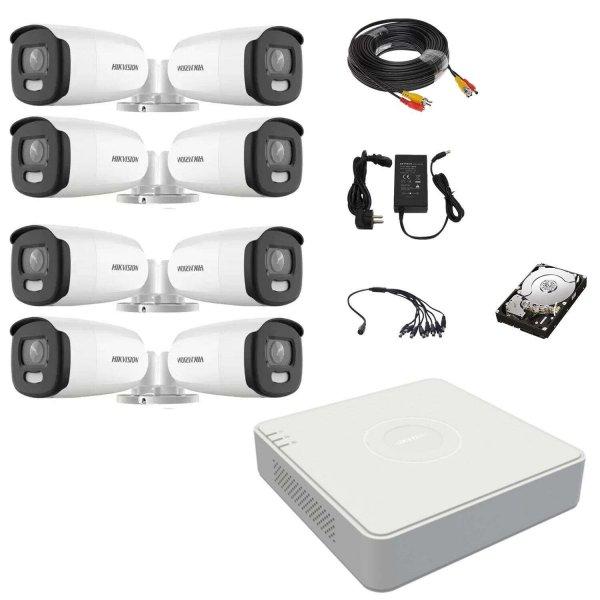 Hikvision videó megfigyelő rendszer 8 kültéri kamera ColorVu 5MP, fehér
fény 40m, 8 csatornás Hikvision DVR, tartozékok, merevlemez