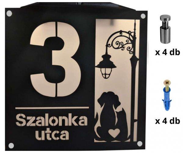 Napelemes, világító szolár házszámtábla, kutya-cica mintával,
utcanévvel 20x25 cm 