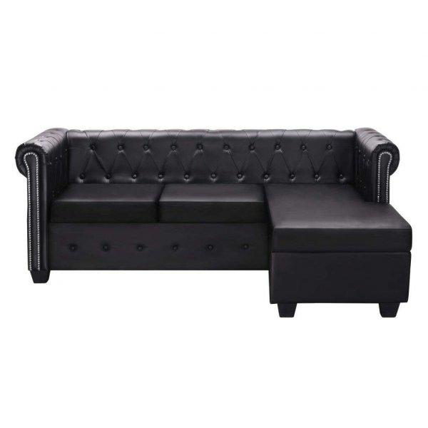 L-alakú, fekete műbőr chesterfield kanapé
