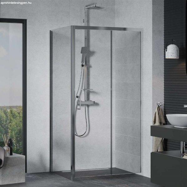 Mexen Apia 140x90 aszimmetrikus szögletes tolóajtós zuhanykabin 5 mm vastag
vízlepergető biztonsági üveggel, krómozott elemekkel, 190 cm magas