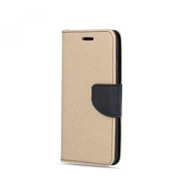 Fancy Apple iPhone 15 Plus (6.7) oldalra nyíló mágneses könyv tok szilikon
belsővel arany - fekete