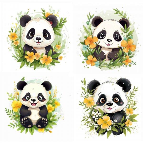 Panda macis falmatrica, sárga virágos | 8 + 24 db-os szett | 80 cm x 80 cm -
babaszoba faldekoráció