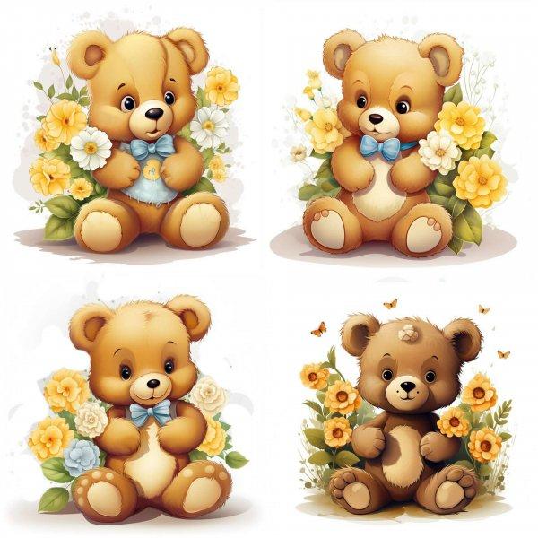 Barna medvés falmatrica, sárga virágokkal | 8 + 24 db-os szett | 80 cm x 80
cm - babaszoba faldekoráció