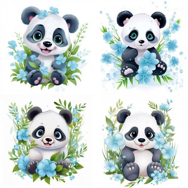 Panda macis falmatrica, kék virágos | 8 + 24 db-os szett | 80 cm x 80 cm -
babaszoba faldekoráció