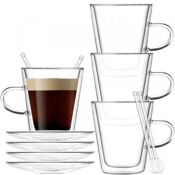 4 csésze és 4 csészealj és 4 teáskanál, Quasar &; Co., egyenes modell,
duplafalú, hőálló, csészealj 10,5 ® cm, boroszilikát üveg, 250 ml,
átlátszó