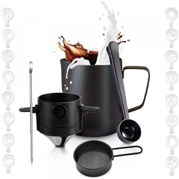 Hordozható kávékészlet, Quasar &Co.®, kávészűrővel, habbal,
mérőkanállal, szitával, tollal és dekorációs formákkal, 600 ml,
rozsdamentes acél, fekete