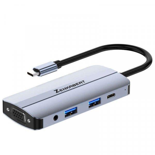 Hub Adapter Type-C Pro Zenkabeat 8-1, 2 X USB 3.0, HDMI 4K, kártyaolvasó TF +
SD, VGA, HDMI, Type C, 3,5 MM Audio 1 X tápellátó port 87 W, Ultra vékony,
szürke