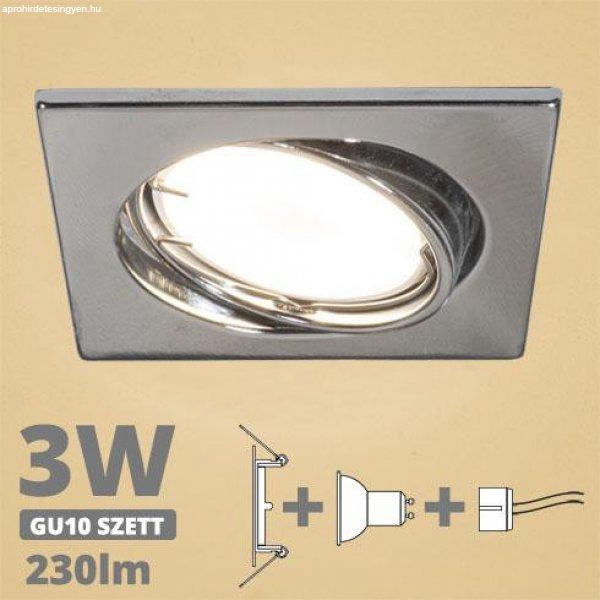 LED spot szett: króm bill. keret, négyzet + 2,9 Wattos, meleg fehér GU10 LED
lámpa + GU10 csatlakozó (kettesével rendelhető)