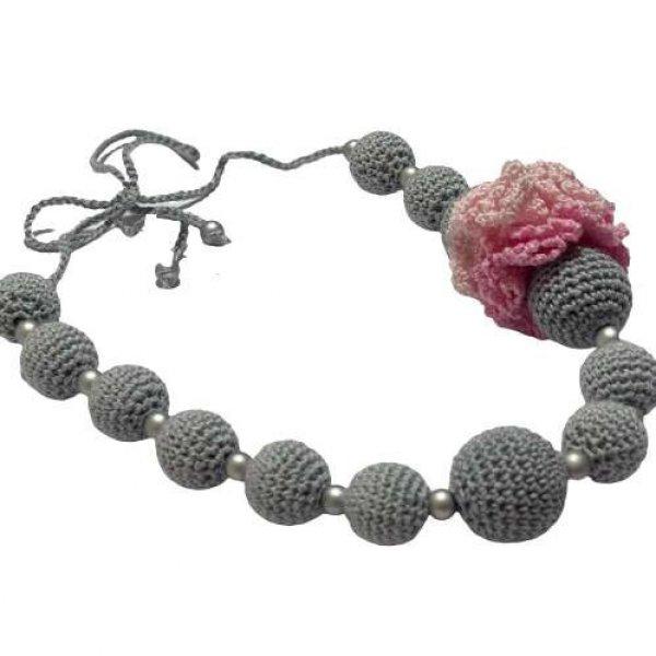 Kézzel készített nyaklánc, Állítható, Fa gyöngyök és gyöngyök,
Horgolt gyöngy, Prémium pamut, 100x3 cm, Gyöngyszürke, Melange rózsaszínű