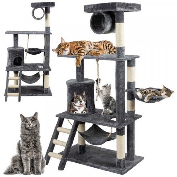 Multifunkciós pihenő és játszó alkalmatosság cicáknak- óriás macska
mászóka és kaparófa játékokkal, kuckókkal, hintával és létrával - 141
cm, szürke (