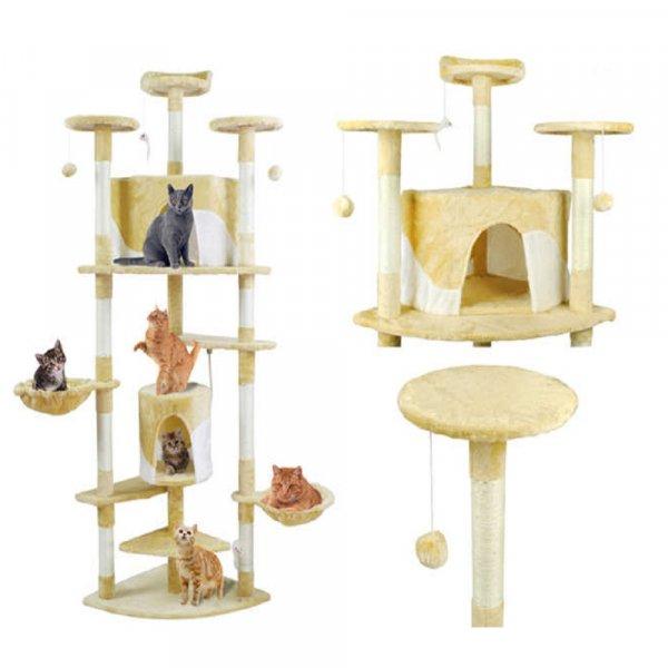 8 emeletes macska mászóka kaparófával, fekvőhelyekkel, kuckókkal, játék
egerekkel és labdákkal - 200 cm, bézs-fehér (BB-2950)