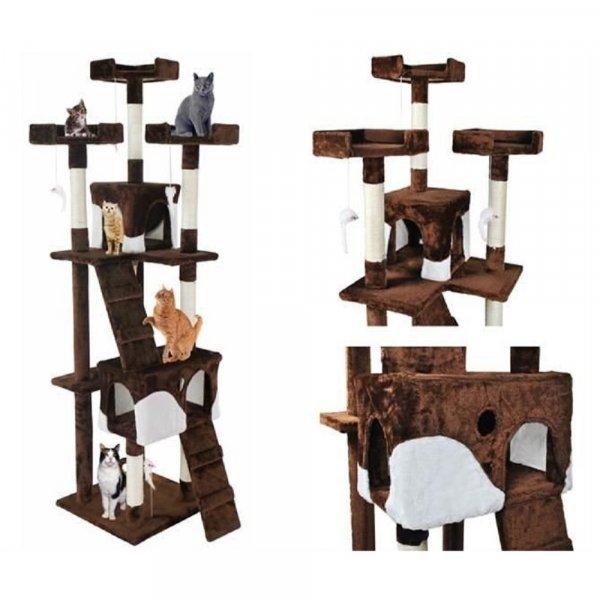 Több emeletes macska mászóka kaparófával, fekvőhelyekkel, kuckókkal és
játék egerekkel - 170 cm, barna-fehér (BB-2779)