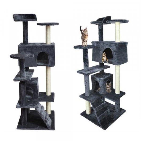 Több emeletes macska mászóka kaparófával, fekvőhelyekkel, kuckókkal - 120
cm, szürke (BB-1974)