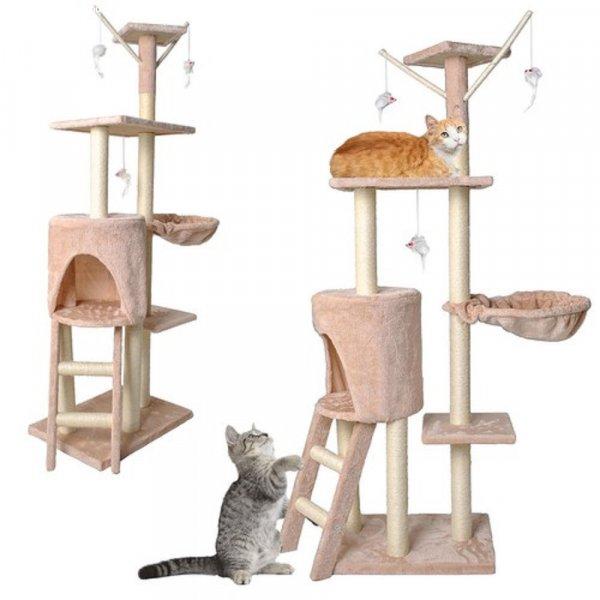 Macska mászóka kaparófával, fekvőhellyel, kuckóval és játék egerekkel -
138 x 55 cm, bézs (BB-7928)