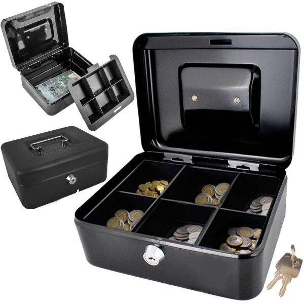 Kulcsra zárható, fekete, fém pénzkazetta rekeszekkel - hordozható kassza
doboz (BB-0822)